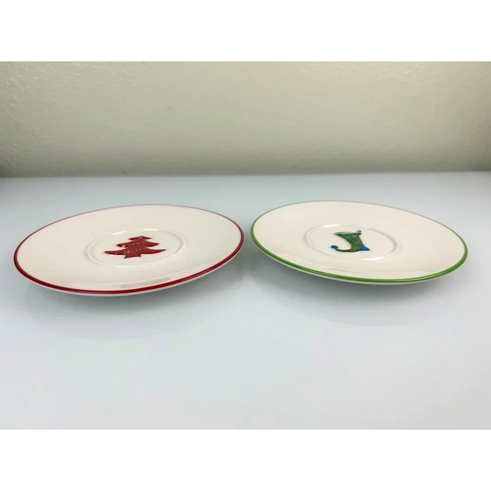 Starbucks 2006 Set of 2 Christmas Saucer Plates, Red Tree, Green Blue Stocking